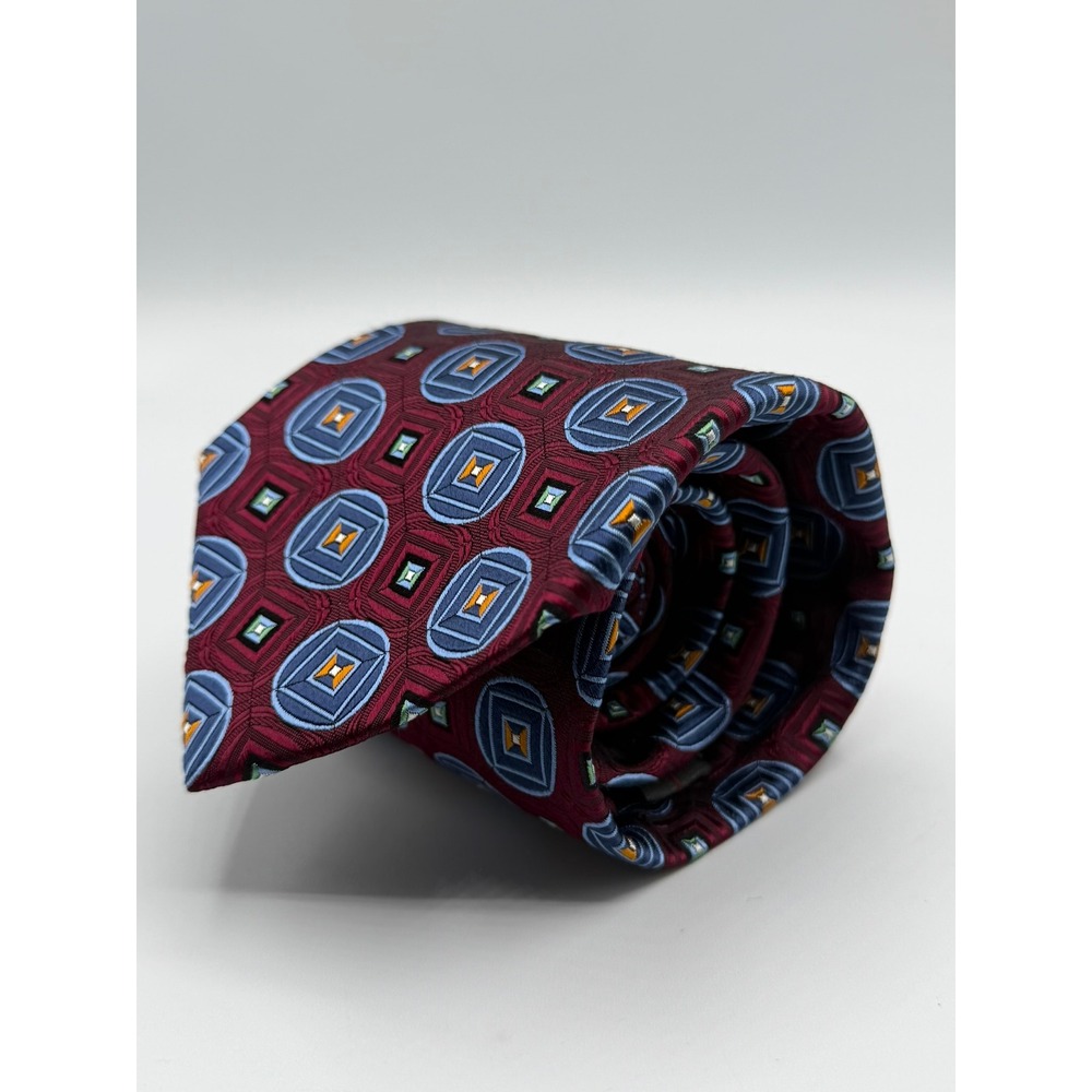 Jos. A. Bank Signature Collection Silk Tie Burgundy Blue Geometric Medallion